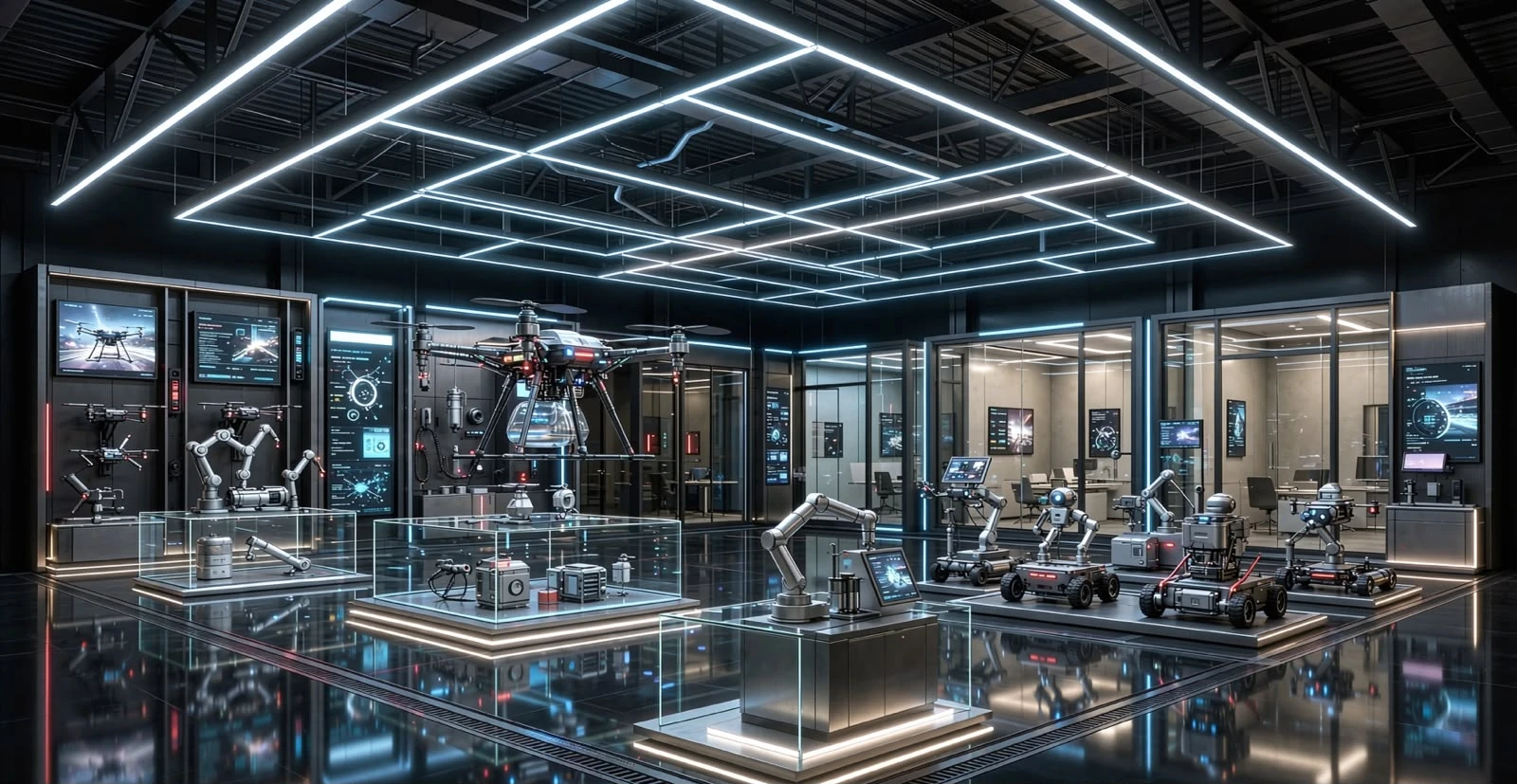 Robotics and drone displays on glass platforms