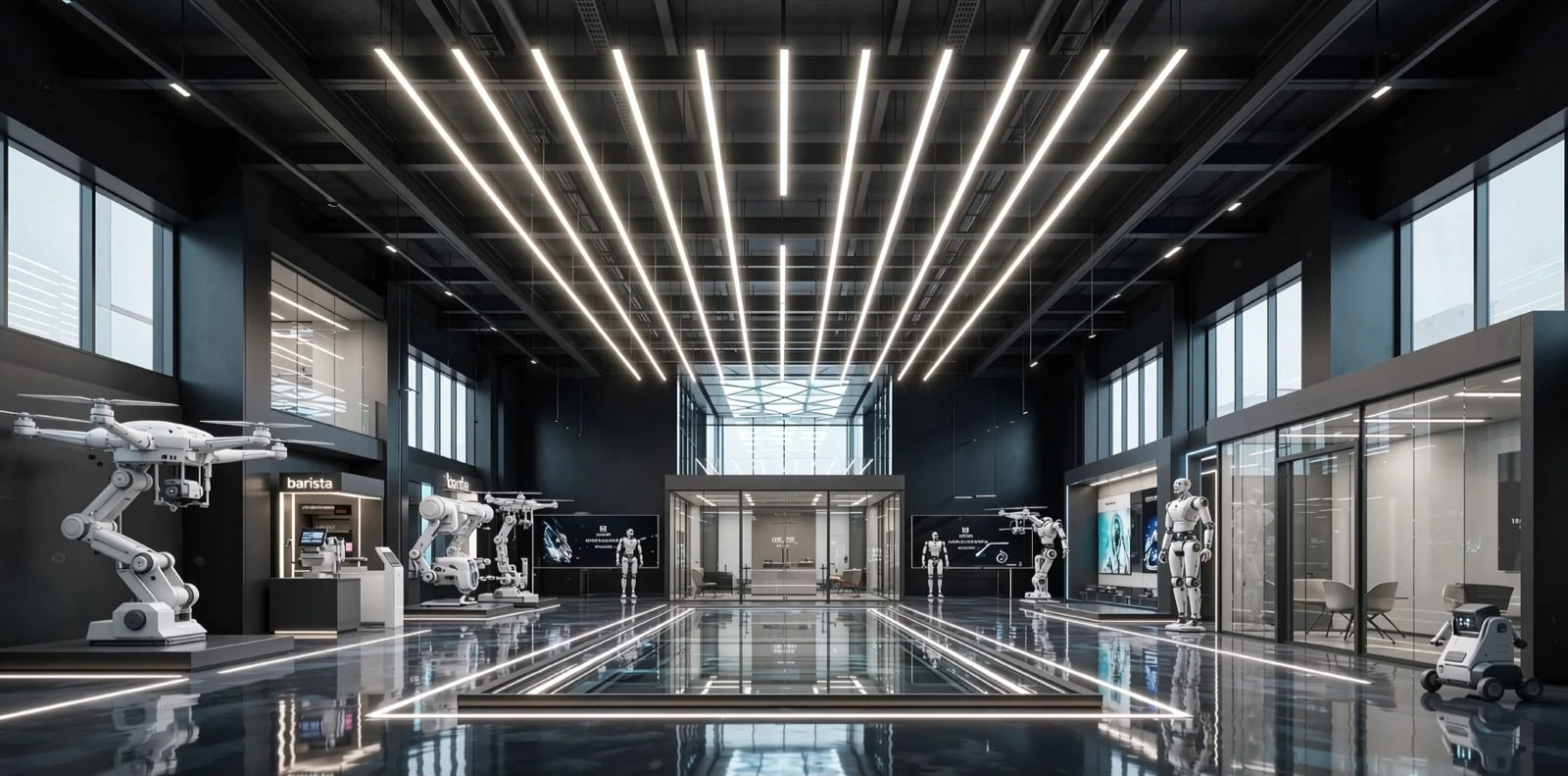 Open showroom hall with architectural lighting
