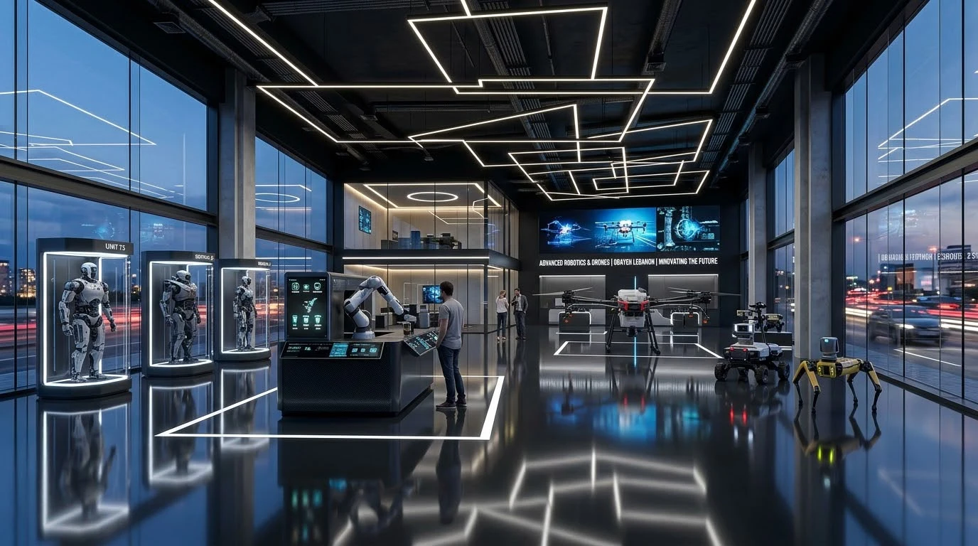 Glass-walled display space with quiet lighting